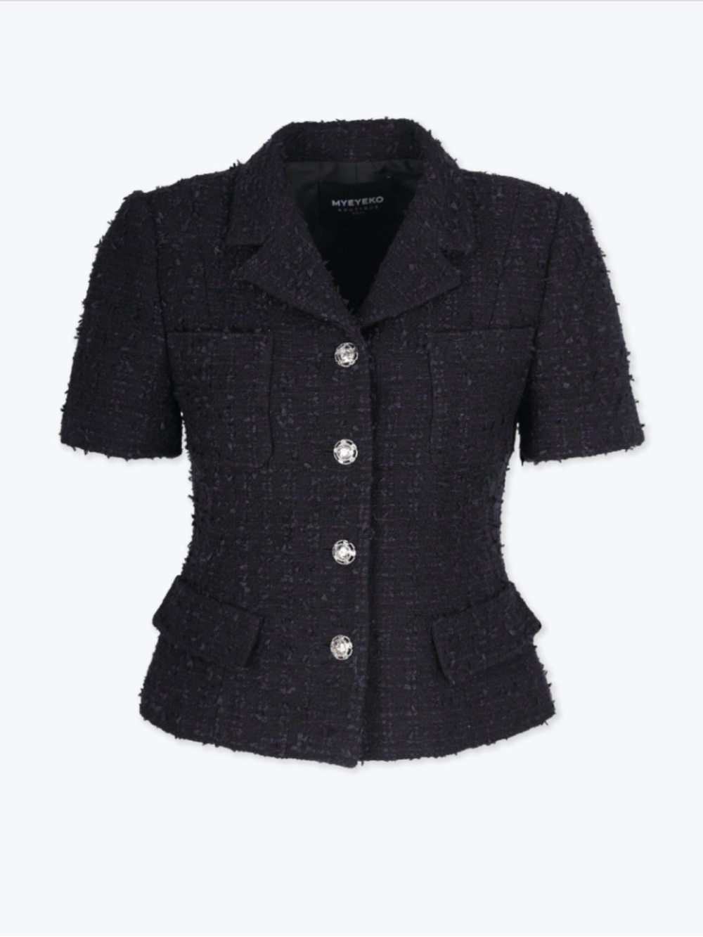 Eyeko Navy Tweed Short-Sleeve Blazer with Crystal Buttons - sz 36